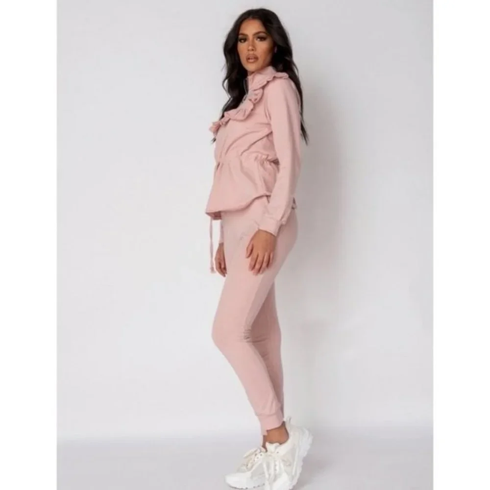 Pink Long Sleeve High Neck Frill Detail Top and Jogger Pants Two Piece Set - Picture 3 of 11